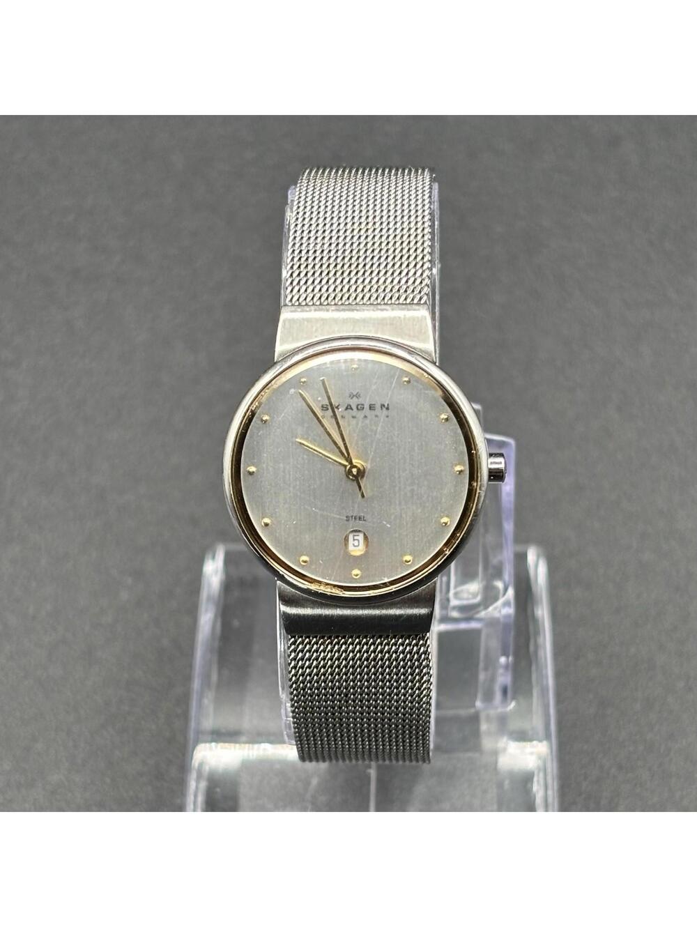 Skagen Denmark Ladies Two-Tone 26mm Date Watch Silver-Tone Mesh Stainless Steel